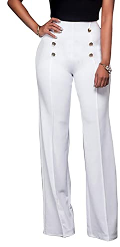 ORANDESIGNE Evasé Pantalons Femme Sexy Pantalon Évasé Couleur Unie Elastique Pants Taille Haute Boutons Croisés Pantalon Large Droit Élégant l'été Ville A Blanc L