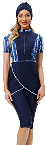 Odizli Maillot de bain musulman modeste pour femmes Tankini islamique à manches courtes Haut de bain+Short de bain+Hijab 3 pièces Maillot de bain intégral, bleu, M