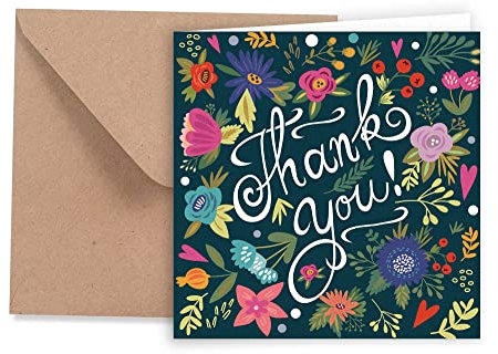 Friendly Fox Dankeskarte Thank you, 1x Danke Karte mit Blumen Motiv, Quadratische Dankeschön Karte mit Kraftpapier Umschlag