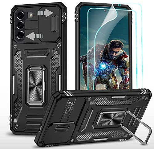 YmhxcY For Samsung Galaxy S21 Plus Case,Military grade protective phone case，with [2 Packs] Screen Protector,Slide Camera Cover,360° Rotate metal Stand, for Samsung Galaxy S21 Plus 6.7''-Black