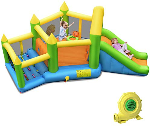 COSTWAY Castello Gonfiabile 5 in 1 per Bambini, con Scivolo, Trampolino, Piscina di Palline, Canestro e Palla Basket, 3 Palline Bersaglio e Borsa di Trasporto, 477 x 241 x 208 cm (Con soffiatore)