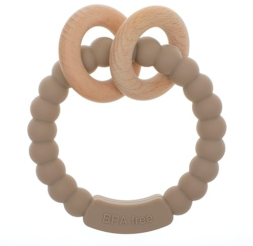 Dirbabi Baby Teether, One Piece Design Silicone & Beech Teething Ring Toy for Babies, BPA Free (Sand)