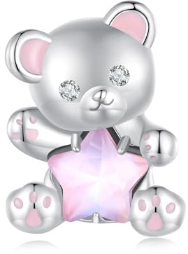 Ciondoli charm d'orso in argento sterling 925 per bracciali Pandora, perle rosa a forma di stella, regalo per donne e ragazze.