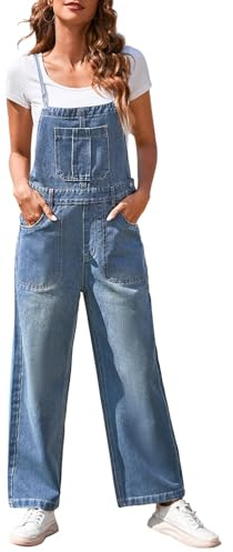 Pink Queen Women's Retro Revolt Dungaree Utility Denim Jumpsuit Overalls Wide Straight Legs Baggy One Piece Jean Overall Jumpsuits Light Blue S