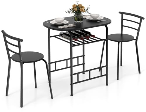 COSTWAY Tavolo da Pranzo con Sedie, Tavolo da Bar con Ripiano e 2 Sedie, Set Mobili da Bar per Sala da Pranzo, Balcone, in Legno e Metallo, Sedia Portata 150 kg (Nero)
