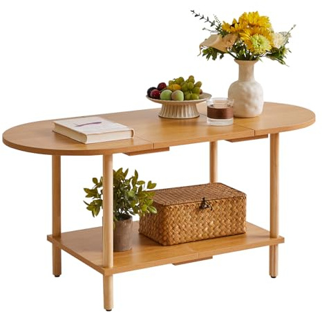 Aibiju Wooden Tea Table Splicing Design, 2 Tier Coffee Table for Living Room, 35x16x17inch TV Table Stand with Storage Shelf Natural Wood Color YD-011N
