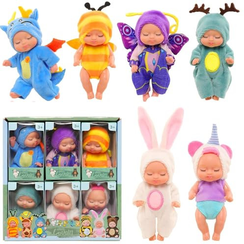 SKIKHN Mini nyfödda dockor, 6 st små dockor, mini babydocka, utbytbara kläder, dockor set, tvättbara, sovande minidockor för barn, pojkar, flickor