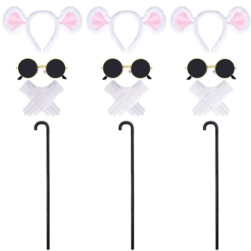 baotongle Set di accessori per costume da mouse, 12 pezzi, cerchietti per mouse, rotondi, occhiali da sole pieghevoli, guanti bianchi per carnevale, feste di carnevale (bianco)
