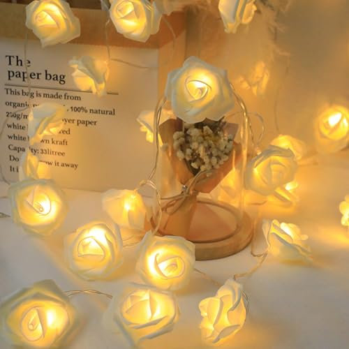 ENLACE Rosen Lichterkette, 1,5 M 10 LED Lichterkette mit Weißen Rosen, Rosenkette Frühling Lichterketten Blumengirlande mit Licht Warmweiß, für Party, Garten, Weihnachten, Hochzeit