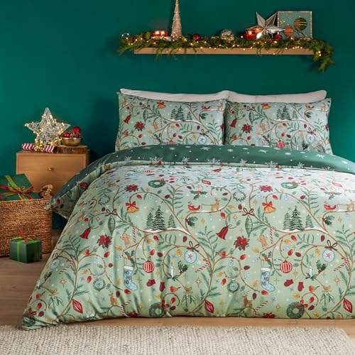 furn. Duvet Day Noelle Duvet Cover Set (Green - Double) | Soft Touch Reversible Festive Seasonal Holiday Christmas Tree Easycare Bedding