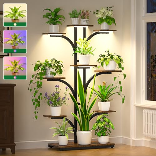 Plant Stands Indoor, 64 Tall Plant Stand with Grow Lights, 9 Tiered Corner Plant Shelf Indoor Plants Multiple, Flower Plant Pot Display Holder, Tree-Shaped Plant Rack for Home, Living Room, Patio