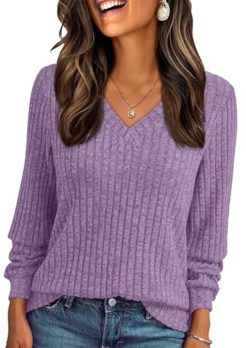 Haslike Camisetas elegantes de mujer con cuello en V acanaladas de manga larga, tops tipo túnica de ajuste holgado, sudaderas, camisas, Morado (, XL