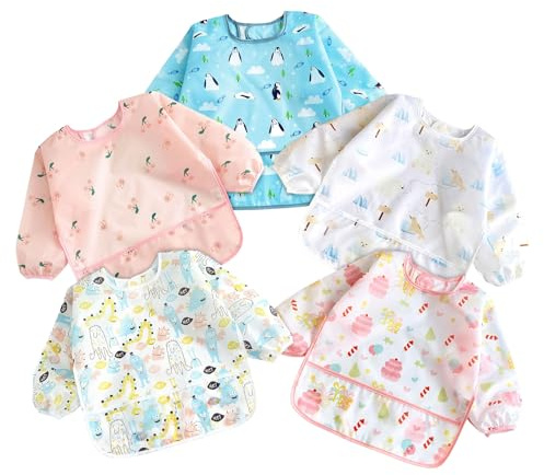 Culinavog 5 Stück Lätzchen mit Ärmeln, 5 Muster, Ärmellätzchen Maschine Waschbar & Wasserdicht, Unisex Lätzchen Baby für Malerei und Essen, Baby Lätzchen mit Ärmel Passend für 6-36 Monate Kinder