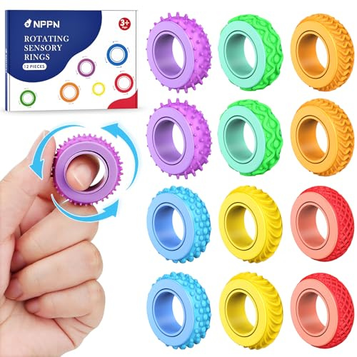 NPPN Anneaux Fidget Anti Stress Enfant, 12 Bagues Sensorielles，Baguettes Silencieuses pour TDAH Autisme, Jouets Portables Anti Anxiété pour Classe Maison Voyage Cadeau