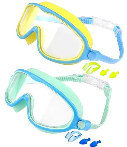 ZYKEJJDDAK 2 occhialini da nuoto per bambini, ampia vista, a prova di perdite, con clip per il naso, tappi per le orecchie, per ragazzi, ragazze, adolescenti, occhialini da nuoto per bambini