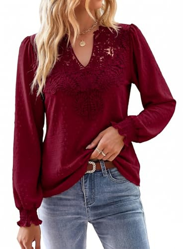 heekpek Womens Tops Boho Lace V Neck Long Sleeve | Blouses for Ladies, Flowy Ruffled Elastic, Bohemian Tunic, Shirt Casual Loose Fit, spring summer autumn tops