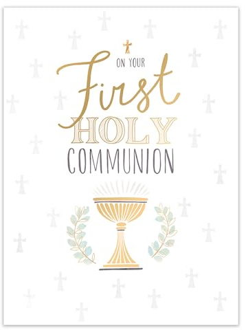 Noel Tatt First Holy Communion Card, Religious Design | Cross, Chalice & Olive Branch Design, Embossed Foil Finish, Eco-Friendly, Made in the UK