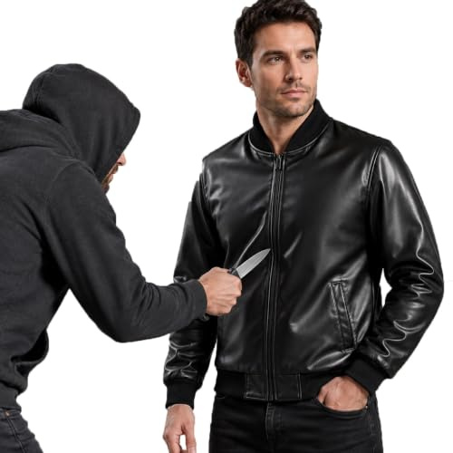 Nivå 4 Skyddande Skärsäker & Knivsäker Jacka black-L | Konstläderjacka, Retro Moto-Stil, Vår Höst Ytterkläder, Fullt Skyddande Väst, Mjuk & Andningsbar & Lätt