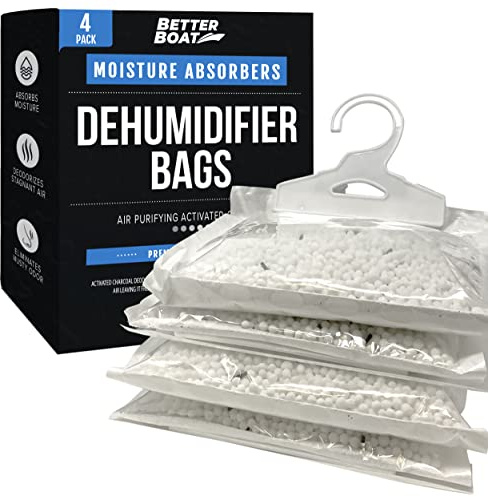 4 Pack Moisture Absorber Hanging Bags, Boat Dehumidifier with Charcoal, Unscented, Removes Dampness and Musty Odors, Ideal for Basement, Closet, Home, Car, RV, and Boating
