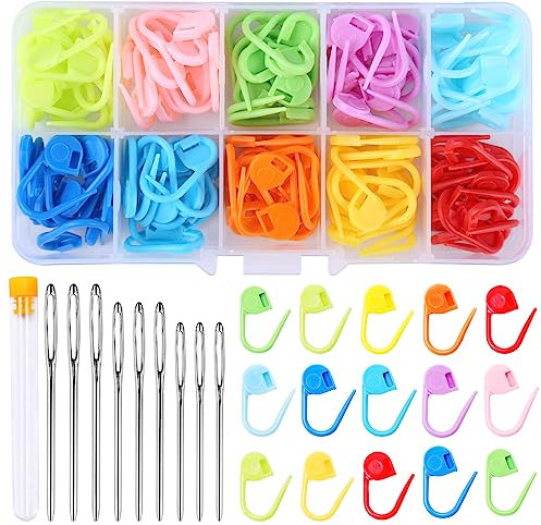 Doxiru 130 Stück Häkel-Maschenmarkierer, 10 Farben, Strickmarker, Häkelklammern, 9 Stück Nähnadeln mit großem Öhr, mit Aufbewahrungsbox für DIY Häkel-Bastelprojekte