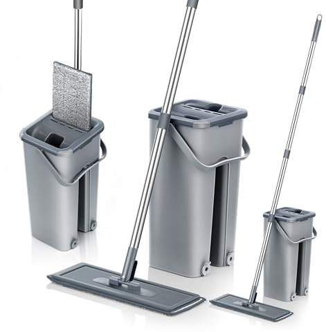 Mopa con Cubo Escurridor Fregona Plana Doble Compartimento 6 Almohadillas Escurrefácil para Limpieza Suelos Azulejos Madera Tarima Polvo Ventanas Mop Trapeador Paños Reutilizables