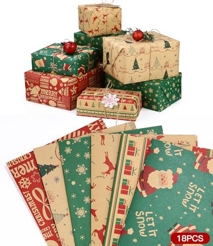 SOBEAU Papel Regalo Kraft Navidad, 18 Papel de Regalo Reciclable, Colección Elementos Navideños, 6 Diferentes Patrones de Papel, Papel Envolver Regalo Infantil para Navidad, Año Nuevo (70x50cm)