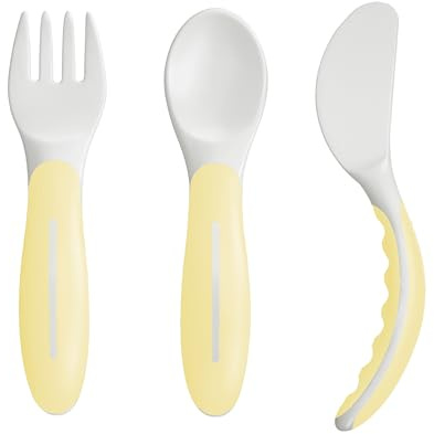 MAM Set di posate per imparare a mangiare composto da coltello, forchetta e cucchiaio, 3 pezzi di posate con manici antiscivolo, posate sicure per bambini per mancini e destrimani, a partire dai 6