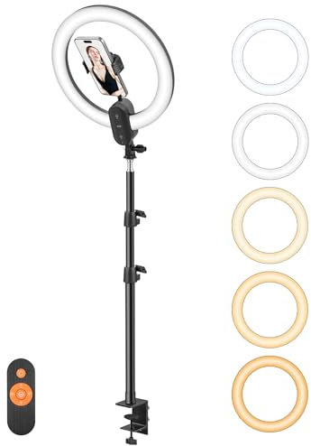 Unicucp 12'' Aro de luz con Soporte, 2000mAh Recargable Anillo de Luz Aro de Luz con Brazo de Soporte Resistente y Soporte para Teléfono para Grabar Videos, Transmisión en Vivo, Maquillaje de uñas