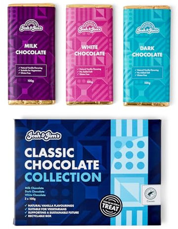 Josh & Jim's - Assorted Chocolate Collection, Gourmet Bars, Milk, White, Dark, Nut-Free, Vegetarian, 3x100g