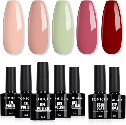 TOMICCA UV Nagellack Set, 5 Farben Gel Nagellack mit Base & No Wipe Top Coat, Rosa Nude Lichtgrün Rot Nagellack Soak-Off UV/LED, Starter-Kit Geschenk Französisches Nagelstudio, 7 x 8ml