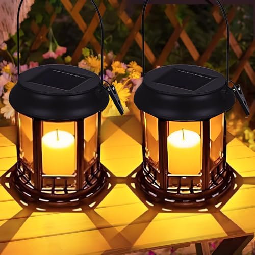 Yowin Lanterne Solaire Exterieur 2 Pièces avec Bougie, Lampe de Table Étanche Suspension pour Balcon Jardin Terrasse Deco - Noir