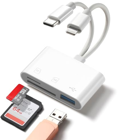 WEZAFO SD Card Reader for iPhone Android, Memory Card Reader Built-in Dual iOS & USB C Connector Card Reader with USB-A/SD/MicroSD 3 Slots, No Application Required Plug and Play