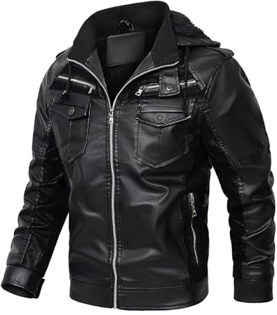 Générique Blouson Moto Homme a Capuche Veste Cuir Hiver Chaude Bombers en Polaire Aviateur Multipoche Jacket Couleur Unie Vestes d'Extérieur Manteau Décontractée Coat Classique Vetements Noir XL