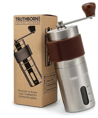 TRUTHBORNE Molinillo de Café Manual, Acero Inoxidable 304 con Muelas de Cerámica, 46 Niveles de Molienda Grueso a Fino, Portátil para Espresso, Prensa Francesa, Pour Over, Viaje y Regalo (Marrón)
