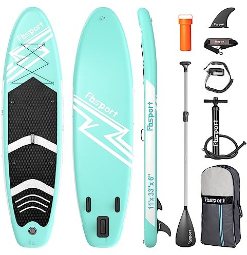 FBSPORT Aufblasbares SUP Board, Stand Up Paddling Board, Aufblasbare Stand Up Paddle Board für Stand-Up Paddling 15CM Dick, Surfbrett Kit mit Verstellbares Aluminium SUP Paddel+Pumpe(Green)