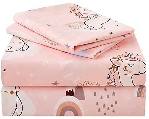 JSD Pink Unicorn Kids Sheet Set Twin Size, 3 Piece Girls Rainbow Printed Microfiber Bed Sheets Deep Pocket
