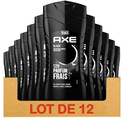 AXE - 5-in-1-Duschgel für Herren, Schwarz, 24 Stunden, feuchtigkeitsspendend, 87% Inhaltsstoffe natürlichen Ursprungs, Duft schwarzer Beeren & Zedernholz (12 x 250 ml)
