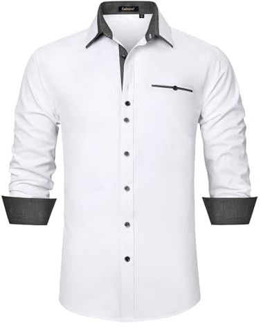 Enlision Chemise Homme Manche Longue Habillée Casual Regular Fit Col Contrasté Elégant Infroissable sans Repassage Chemises Blanche Homme avec Poche pour d'affaires et Soirée L
