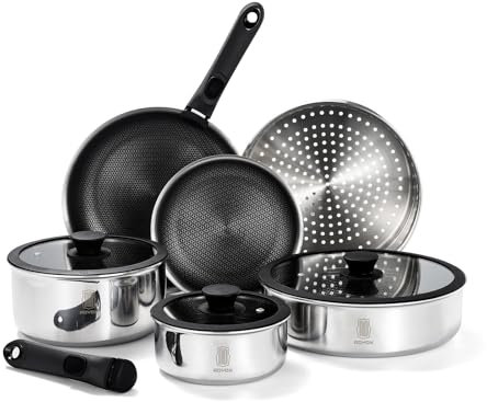 ROYDX Non Stick Stainless Steel Pan Set, Pots and Pans Sets Non Stick with Lids and Detachable Handles and Steamer, Saucepan Set Compatible with All Stove, Easy to Clean and Space Saving