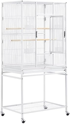 Soberine Gabbia Voliera per Uccelli in Metallo, per Pappagalli Parrocchetti Volatili, con Vassoio e Piedistallo, Posatoi in Legno, da Interno ed Esterno, 62 x 43 x 136 cm Bianca