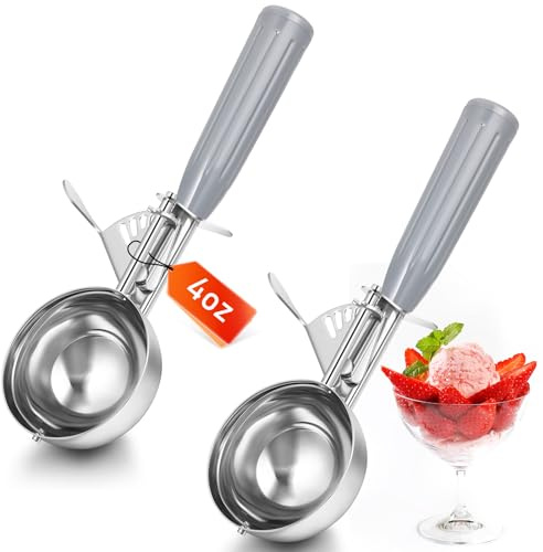 Reallnaive 2 Pcs Release Cookie Scoops Ice Cream Scooper with Trigger Release Portion Scoop Stainless Steel for Portion Control, Baking Food, Cookie Dough, Cupcake Batter (4 oz,Gray)