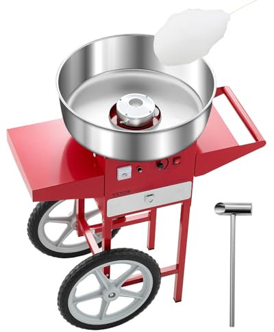 VEVOR Máquina Eléctrica de Algodón de Azúcar con Carro, 1000 W, con Recipiente de Acero Inoxidable de 52 cm, con Cuchara, para Hogar, Cumpleaños, Fiestas Familiares, Rojo, 819 x 520 x 855 mm