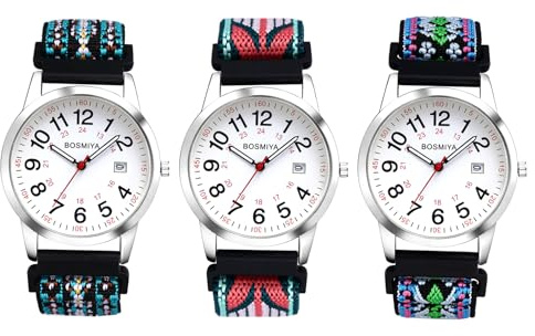 Reloj JewelryWe Boho con correa elástica trenzada de tela para mujer y hombre, calendario, analógico, cuarzo, reloj de pulsera tejido con colores, correa elástica para personas mayores con formato de