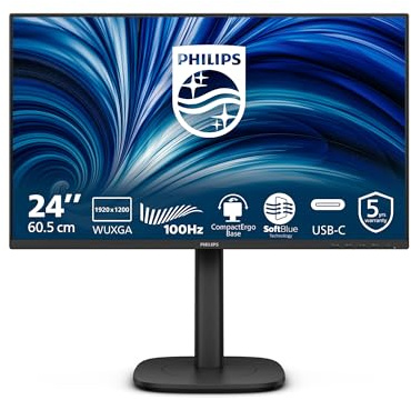 Philips 24B2N3200D WUXGA da 24 pollici Monitor, 100 Hz, pannello IPS, 4 ms, sincronizzazione adattiva, regolazione dell'altezza, altoparlanti, (1920 x 1200 HDMI 1x 1.4 DP USB Hub) nero