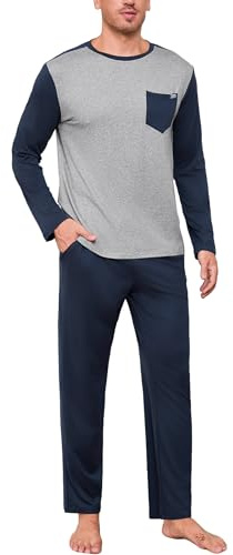 Terecey Conjunto de Pijama Hombre con Bolsillos en el Pecho Pijama Hombre Largo 2 Piezas Camiseta de Cuello Redondo y Pantalón Suave y Transpirable Ropa de Dormir de Casa para Otoño Invierno