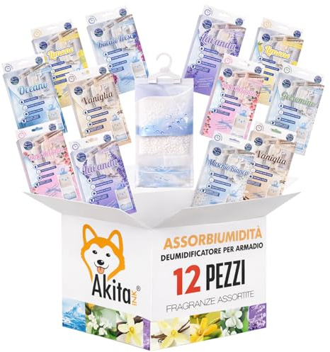 AKITAInk 12 Deumidificatori da Appendere 500 ml, Sacchetti Assorbiumidità con Gancio, Profumazioni Assortite, Perfetti per Armadi, Eliminano Umidità e Odori