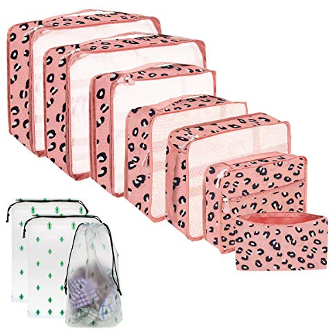Cubi da imballaggio per valigia, 10 misure, organizer per valigie, 10 pezzi, cubi per imballaggio a compressione, Stampa leopardata, L