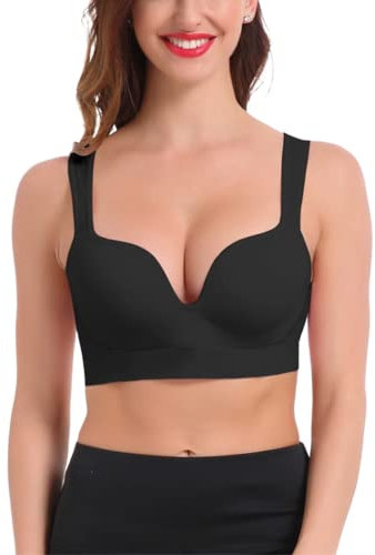 URPLITY Women's Seamless Sports Bra Yoga Bra Padded Cotton High Impact Push up Support Pullover Breathable Comfy Sport Camisole U Plunge Bra, Black, M