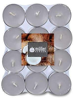 Müller 24 Duft Teelichter – Kokos – 4 Stunden Brenndauer – Ø39 mm – Farbe Grau – Premium Coconut Island Duftkerzen – Gegossenes Wachs – RAL Qualität
