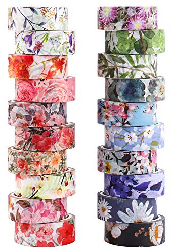 Gukasxi Lot de 20 rouleaux de ruban adhésif Washi - Motif fleurs - Ruban décoratif pour scrapbooking, emballage cadeau